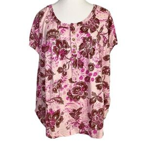 Pilcro Pink & Brown Floral Peasant Top | Boho Button-Front Blouse